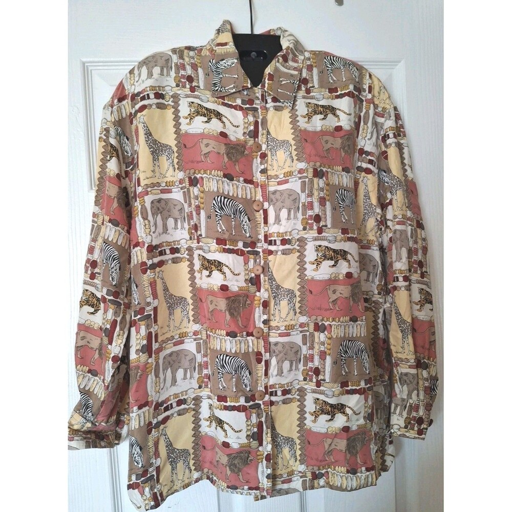 Vintage Safari Silk Blouse Size 10 Tiger Elephant Zoo Shoulder Pads Sandra Roth
